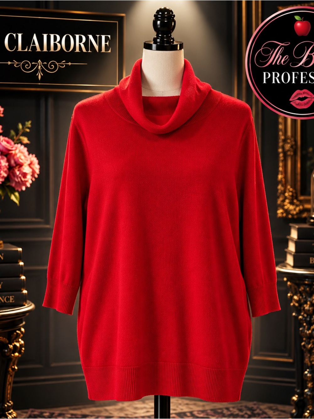 💕Liz Claiborne XL Red Cowl Neck Tunic Sweater 3/4 Sleeve Rayon Blend